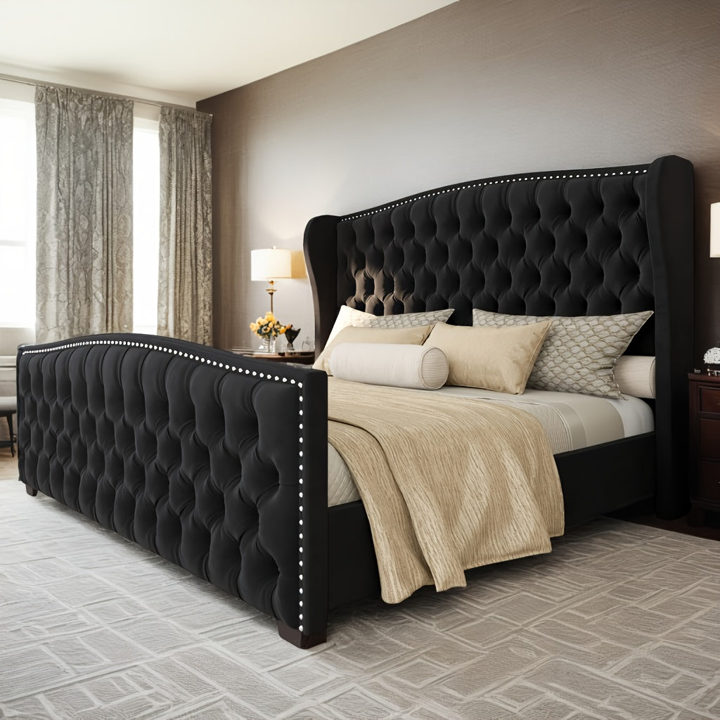 queen platform bed frame wingback headboard velvet - Temu