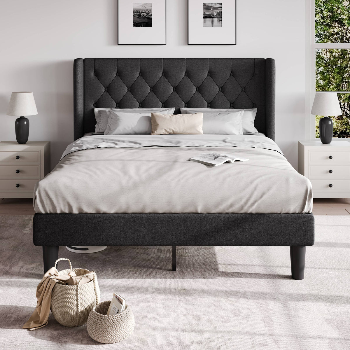 classic bed frame button tufted wingback headboard - Temu