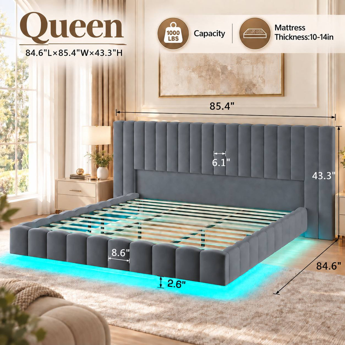 modern upholstered bed frame ambient led lighting - Temu