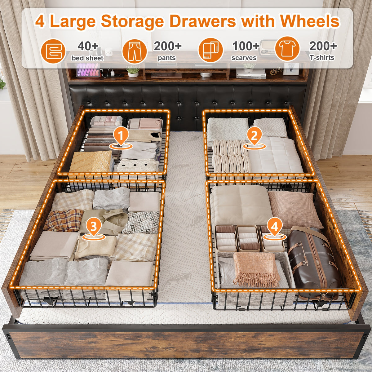 king queen full bed frame 4 storage drawers headboard - Temu