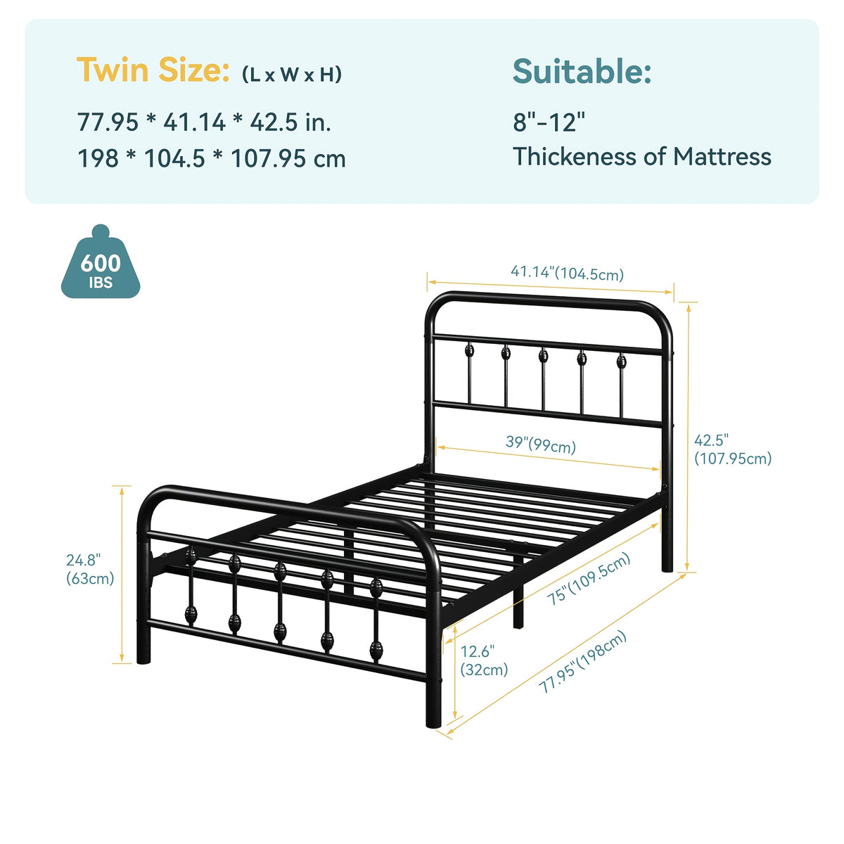 14 inch vintage metal bed frame iron headboard footboard - Temu