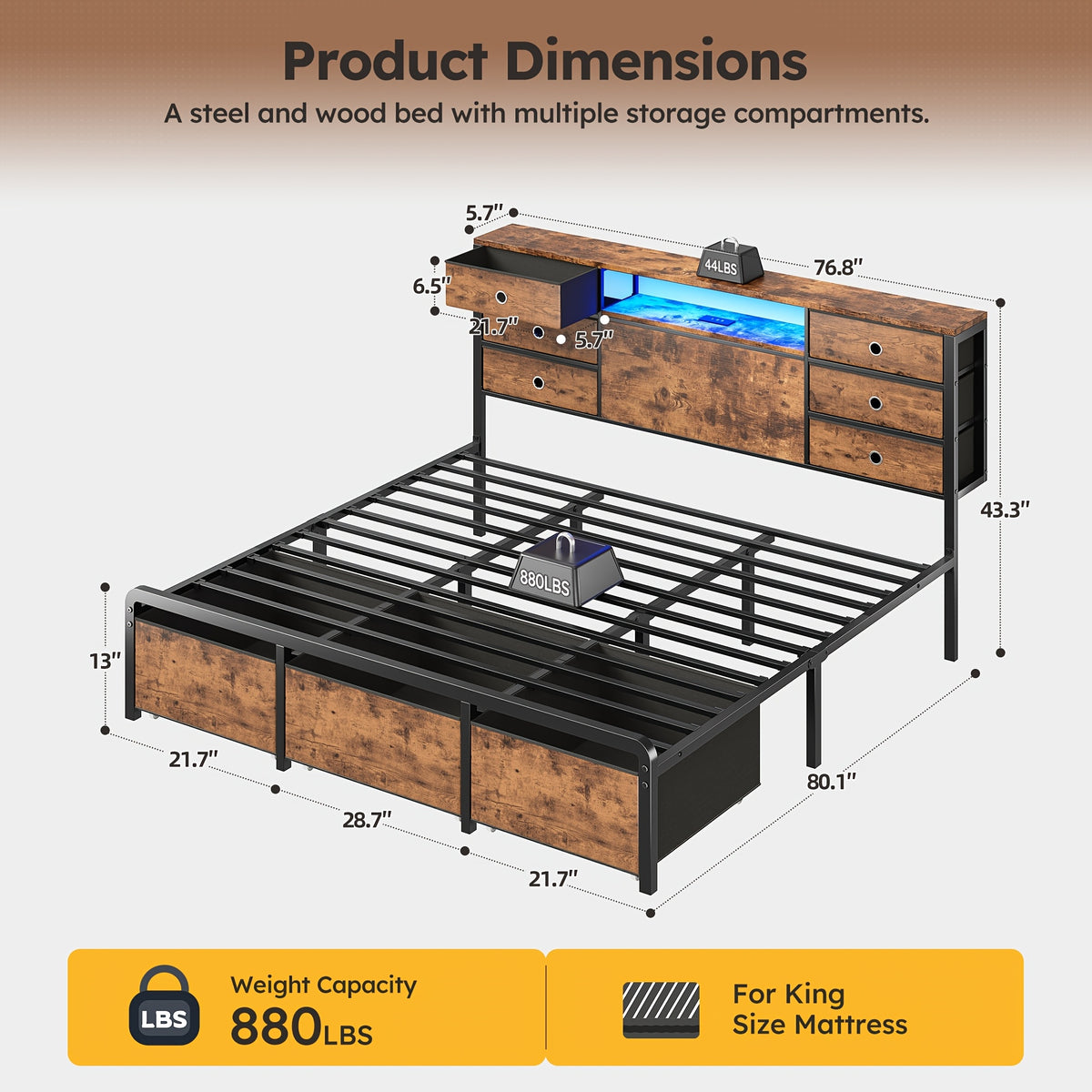 reinforced storage bed frame king queen full 8 9 drawers - Temu