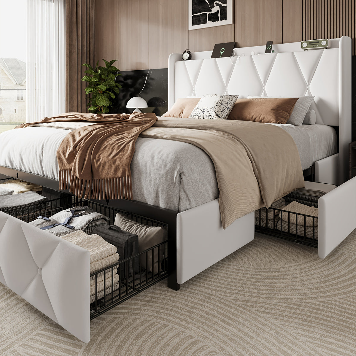 4 drawers storage bed frame wingback headboard - Temu