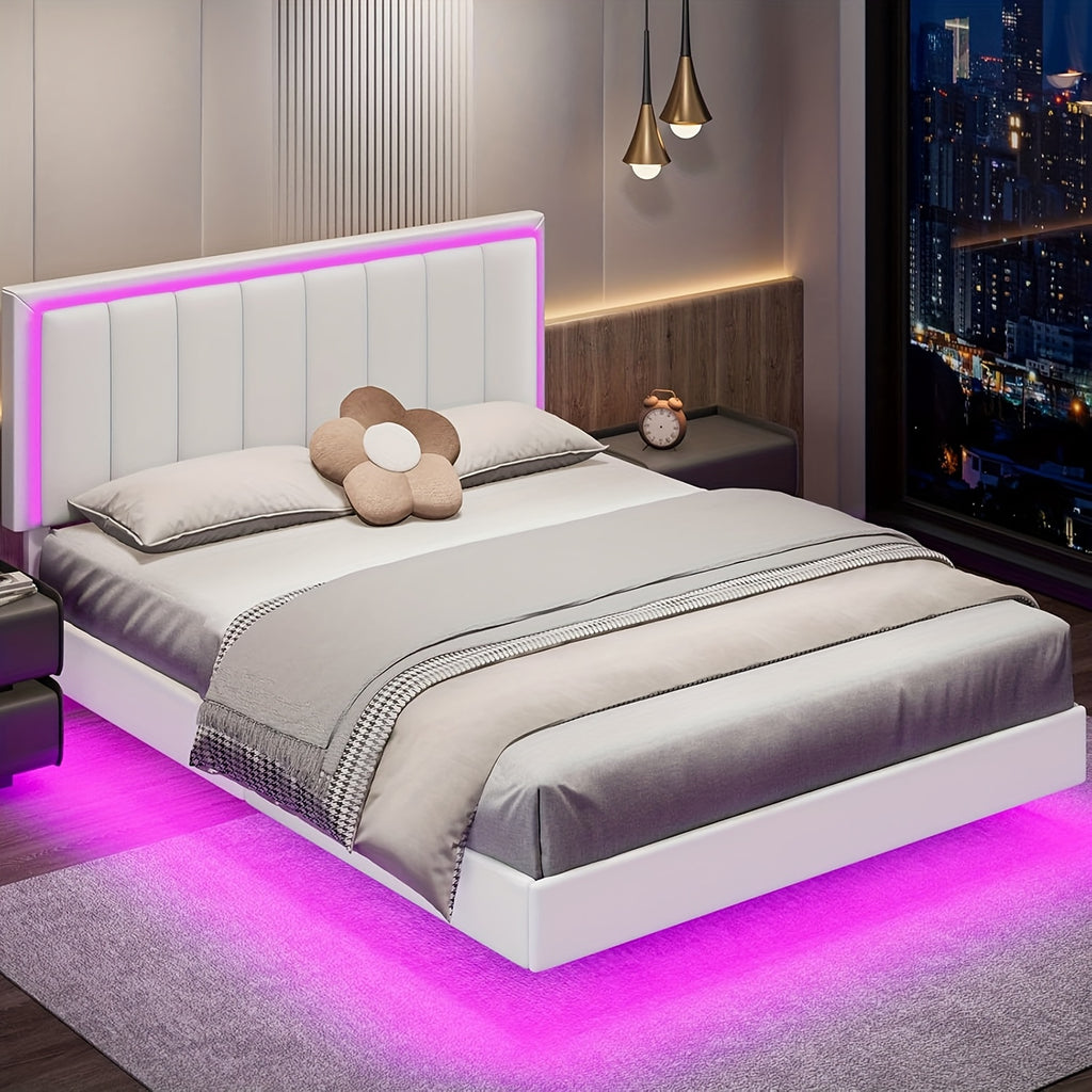 floating bed frame rgb led lights upholstered headboard - Temu