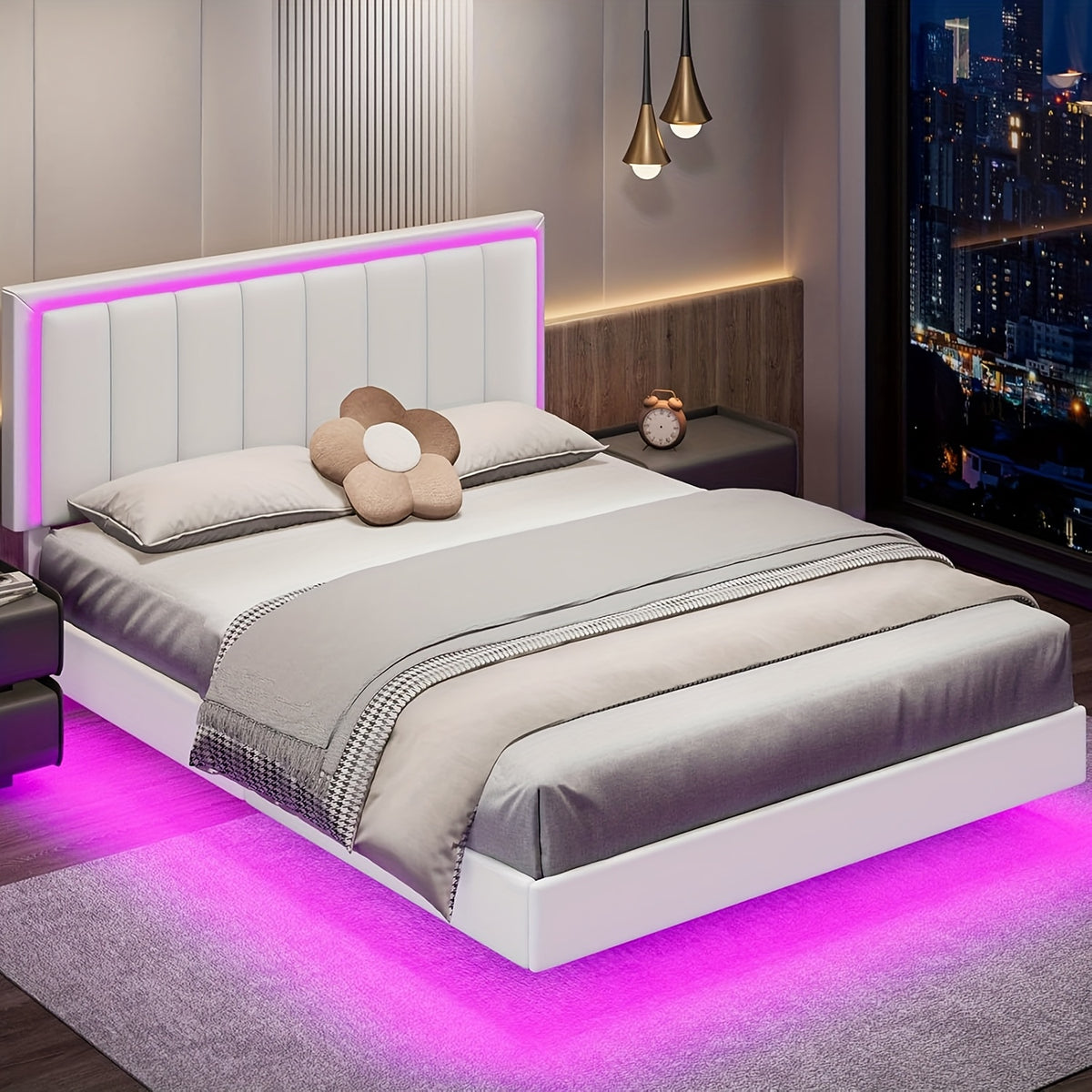 floating bed frame rgb led lights upholstered headboard - Temu