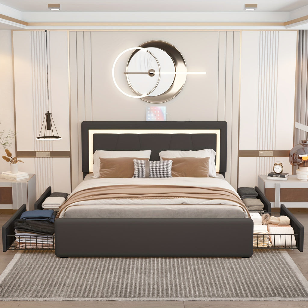 black bed frame 4   drawers led lights adjustable - Temu