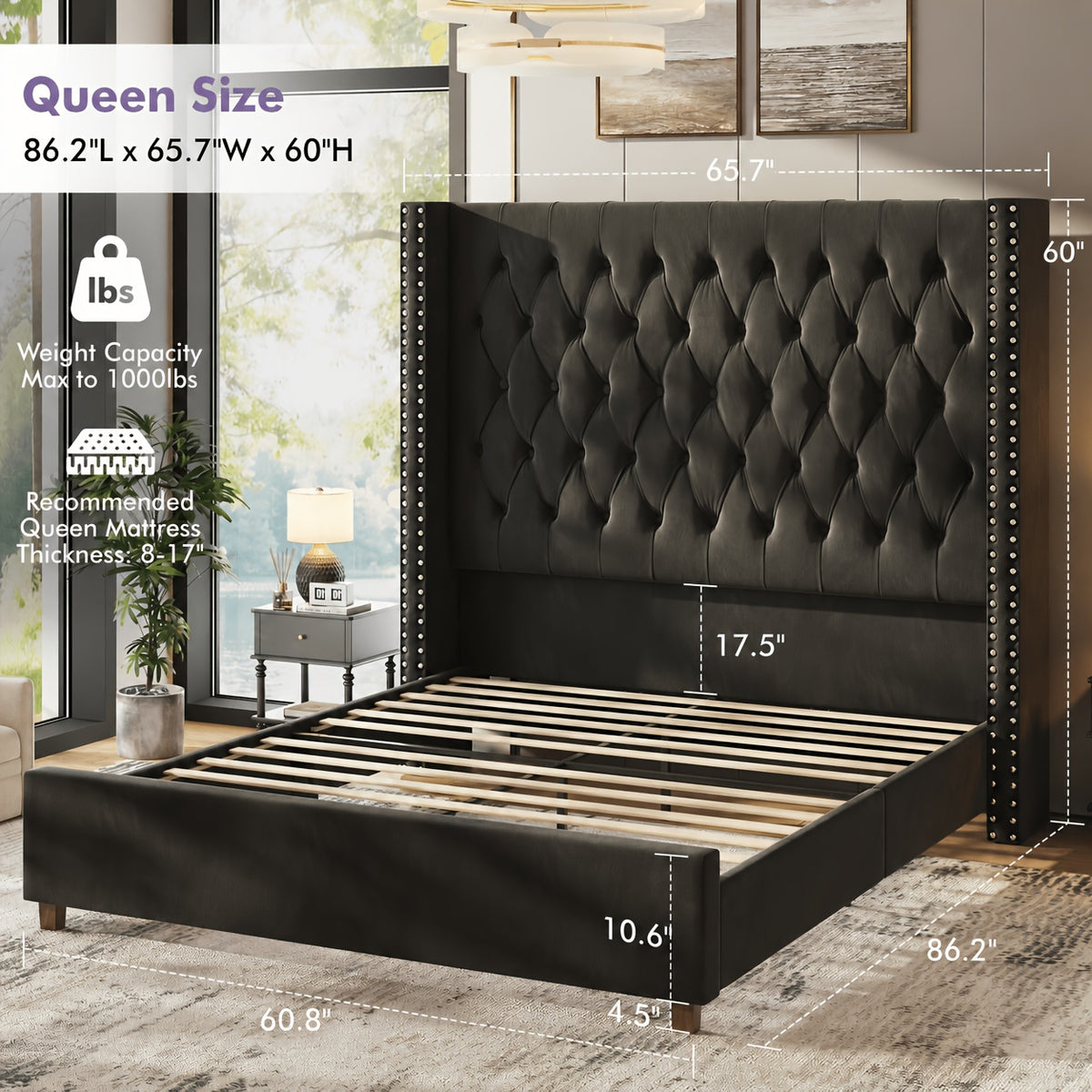 60 inch tall velvet bed frame tufted wingback - Temu
