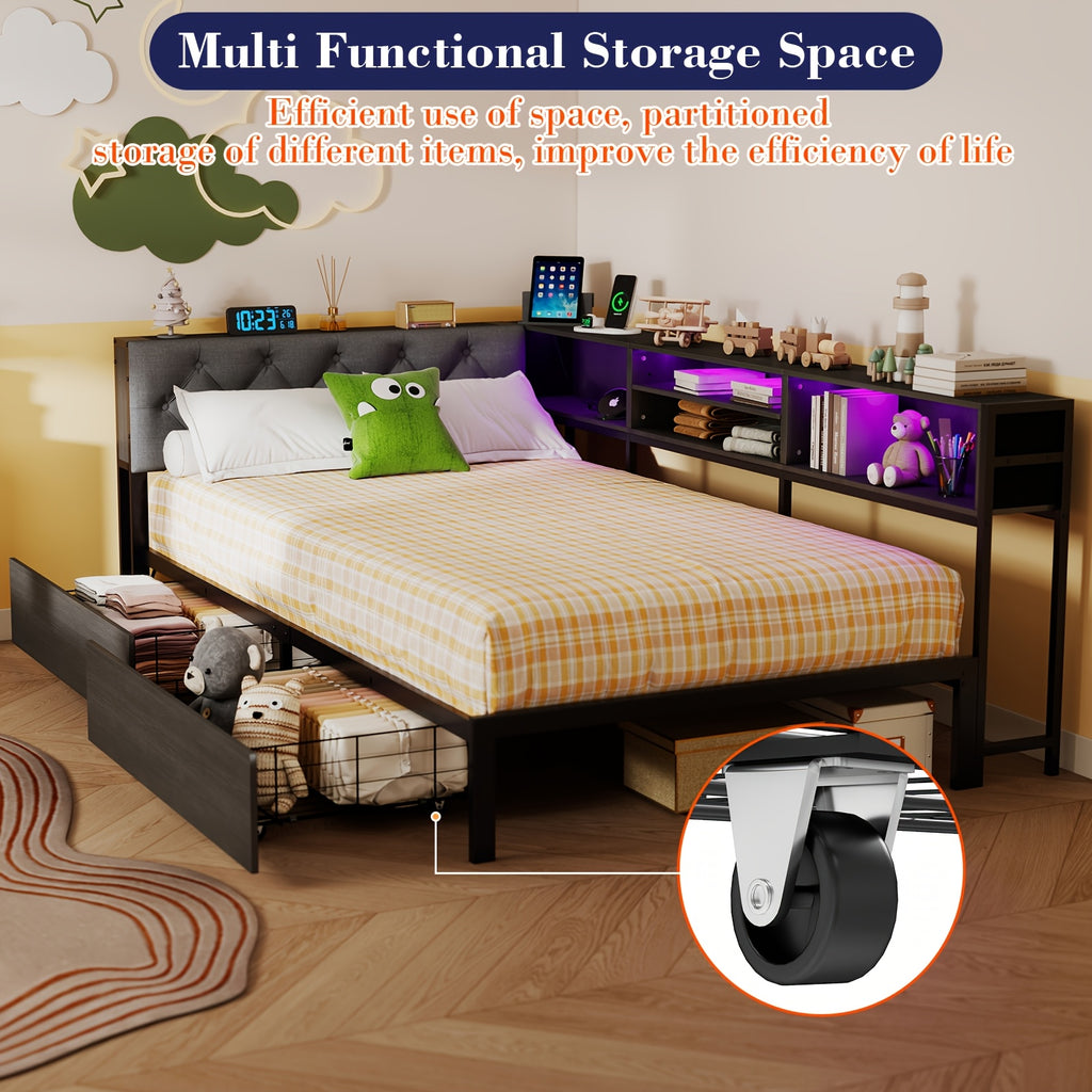 twin twin xl corner bed frame storage bookcase 2 drawers - Temu