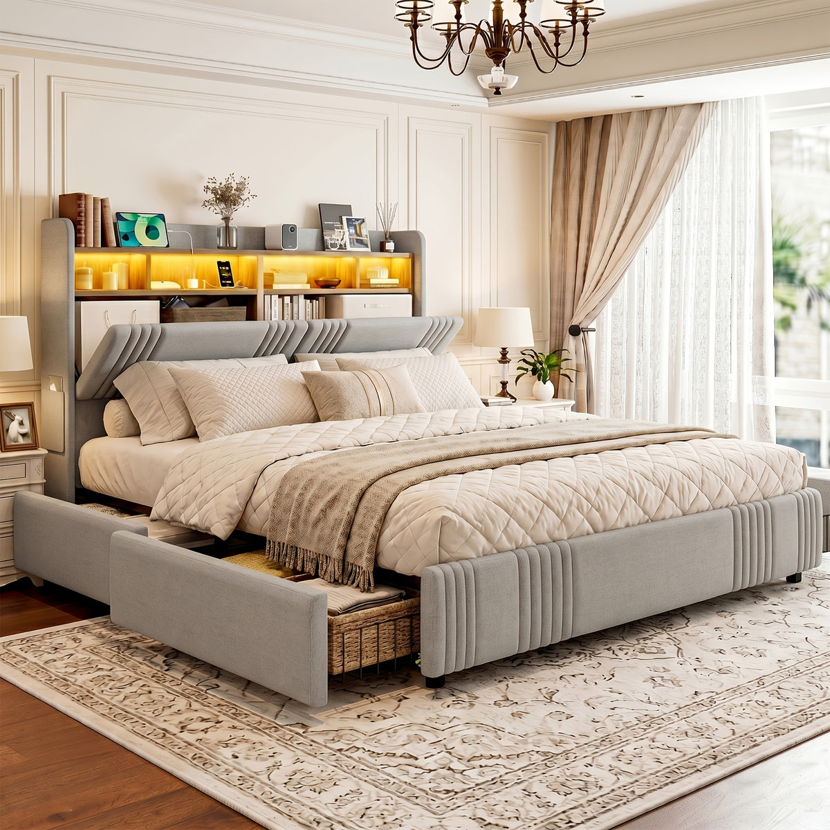 bed frames hidden storage headboard 4 drawers 49 2 tall - Temu