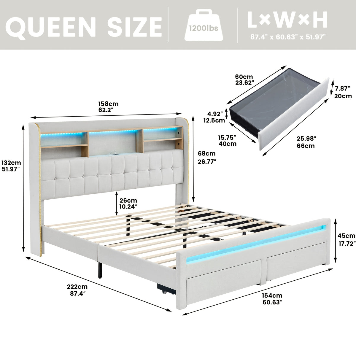 a queen sized bed frame featuring a headboard bookcase - Temu