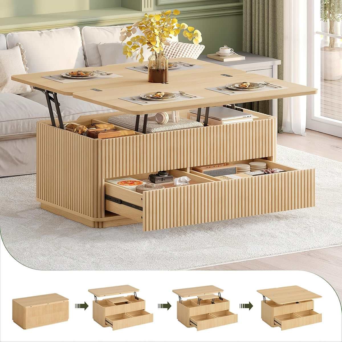 fluted lift top coffee table 2 drawers large hidden storage - Temu