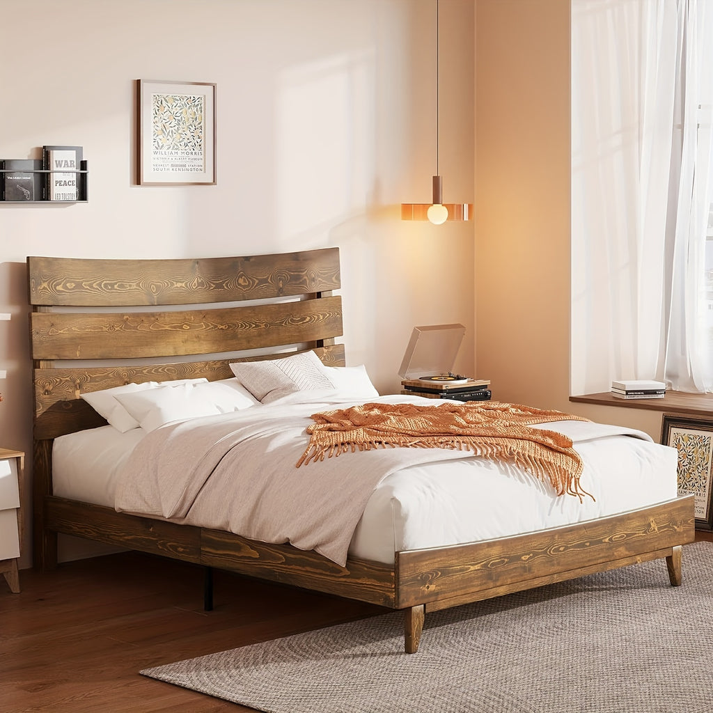 solid wood platform bed frame a queen sized wooden headboard - Temu