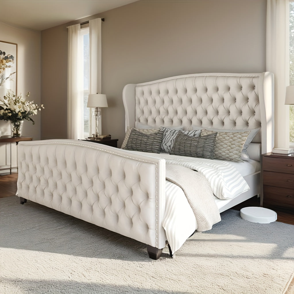 handcrafted velvet bed frame featuring a wingback headboard - Temu