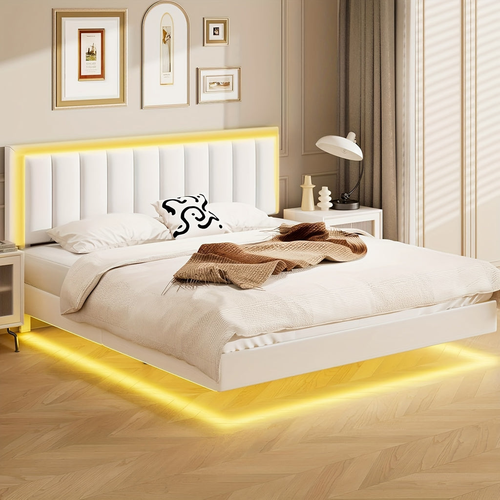 floating bed frame rgb led lights upholstered headboard - Temu