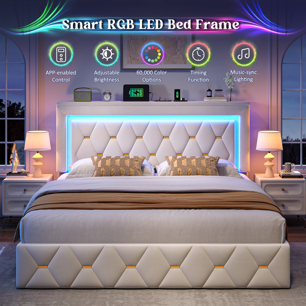 queen full size bed frame 4 storage drawers headboard - Temu
