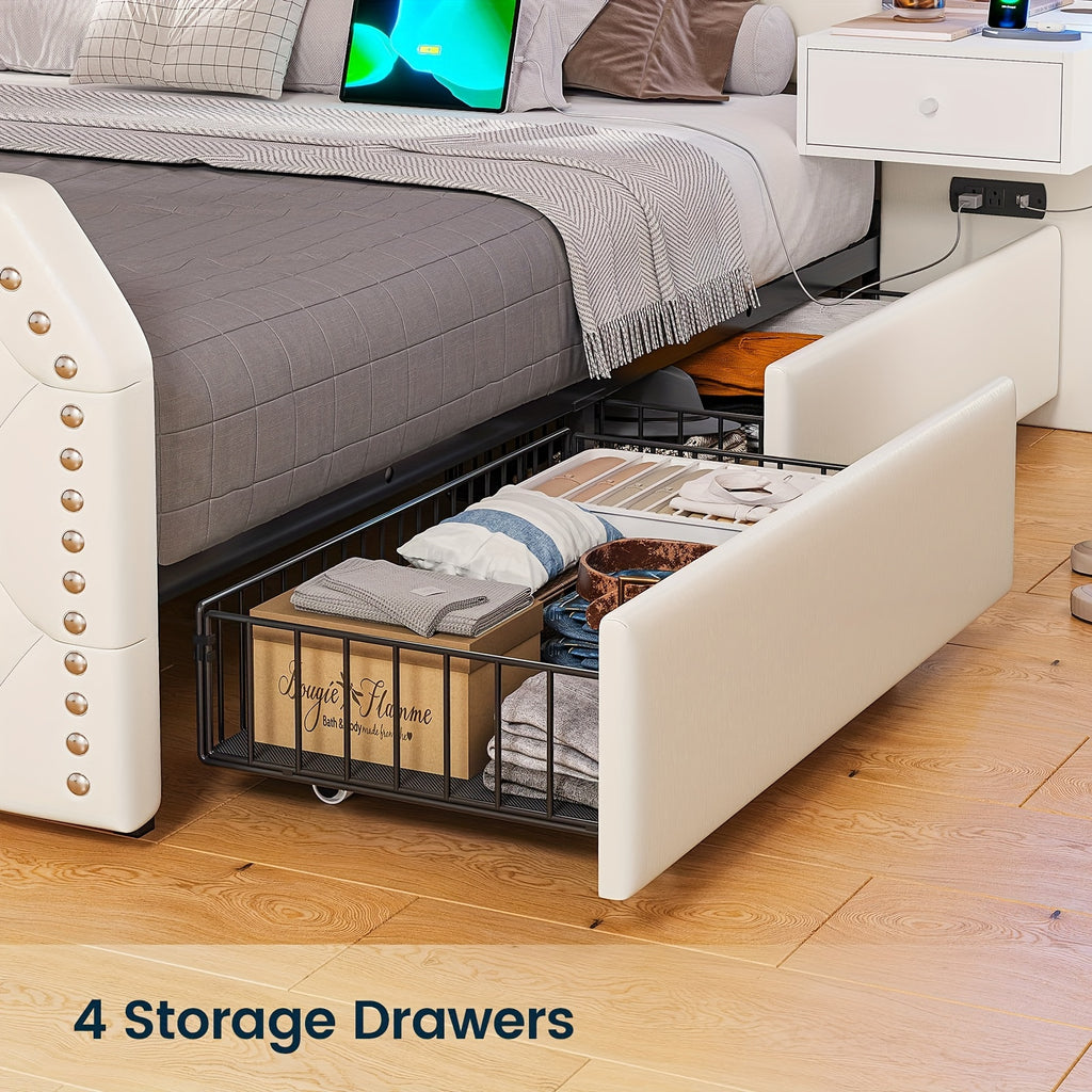 queen size bed frame 2 nightstands mirror modern platform - Temu
