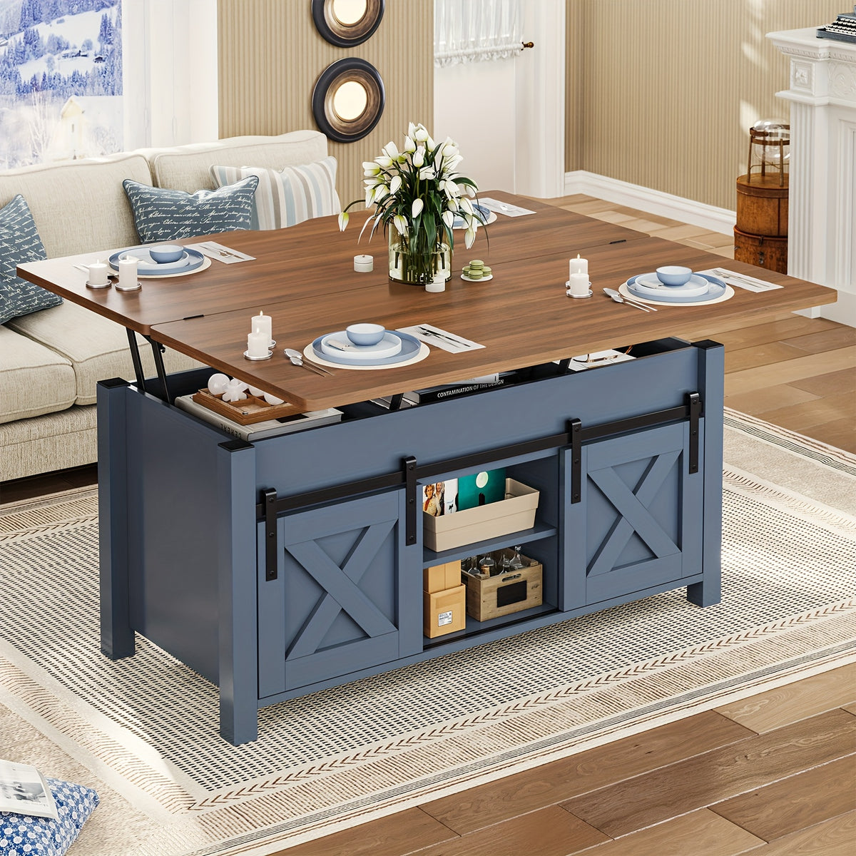 farmhouse lift top coffee table hidden compartments open - Temu