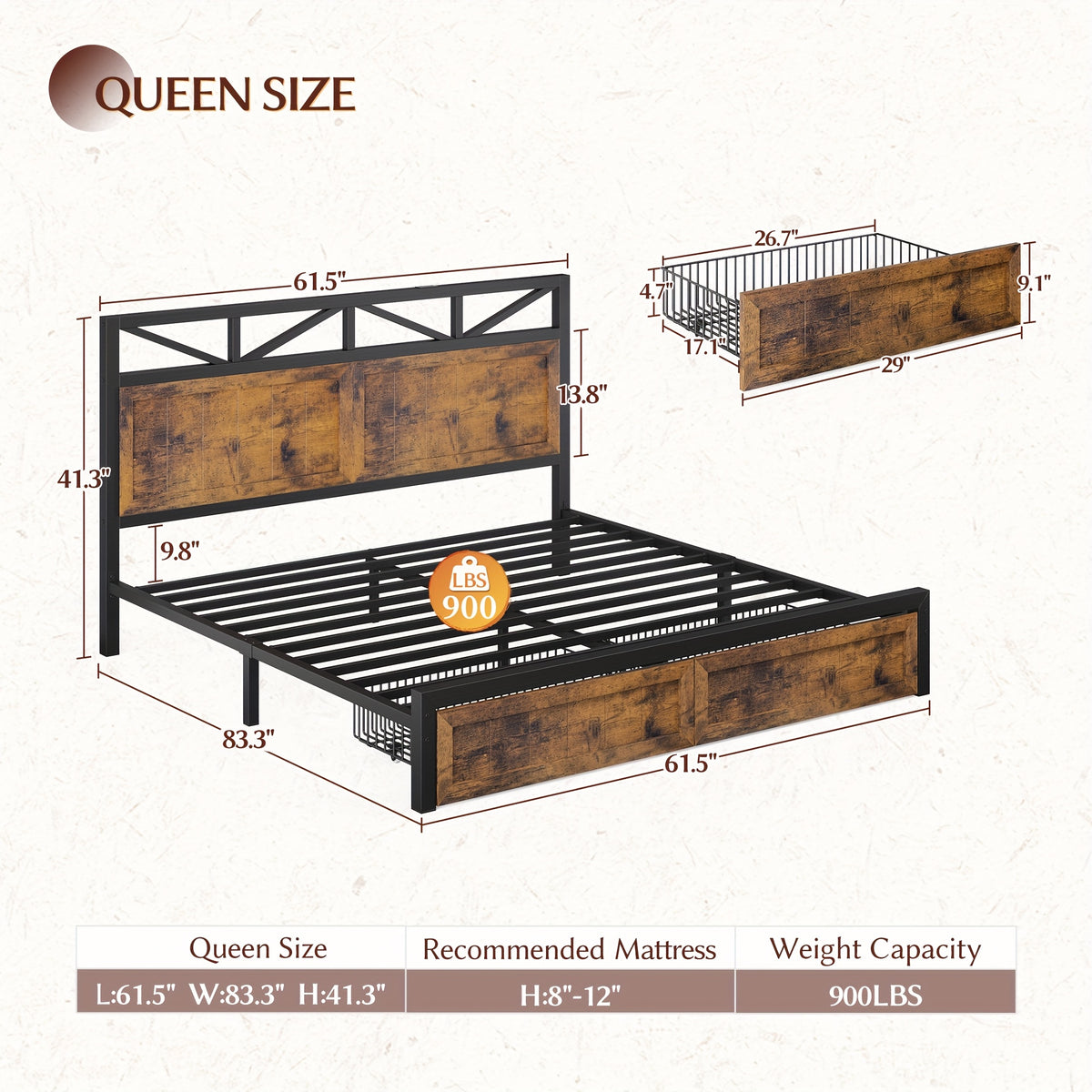 full queen king size bed frame headboard storage 2 drawers - Temu