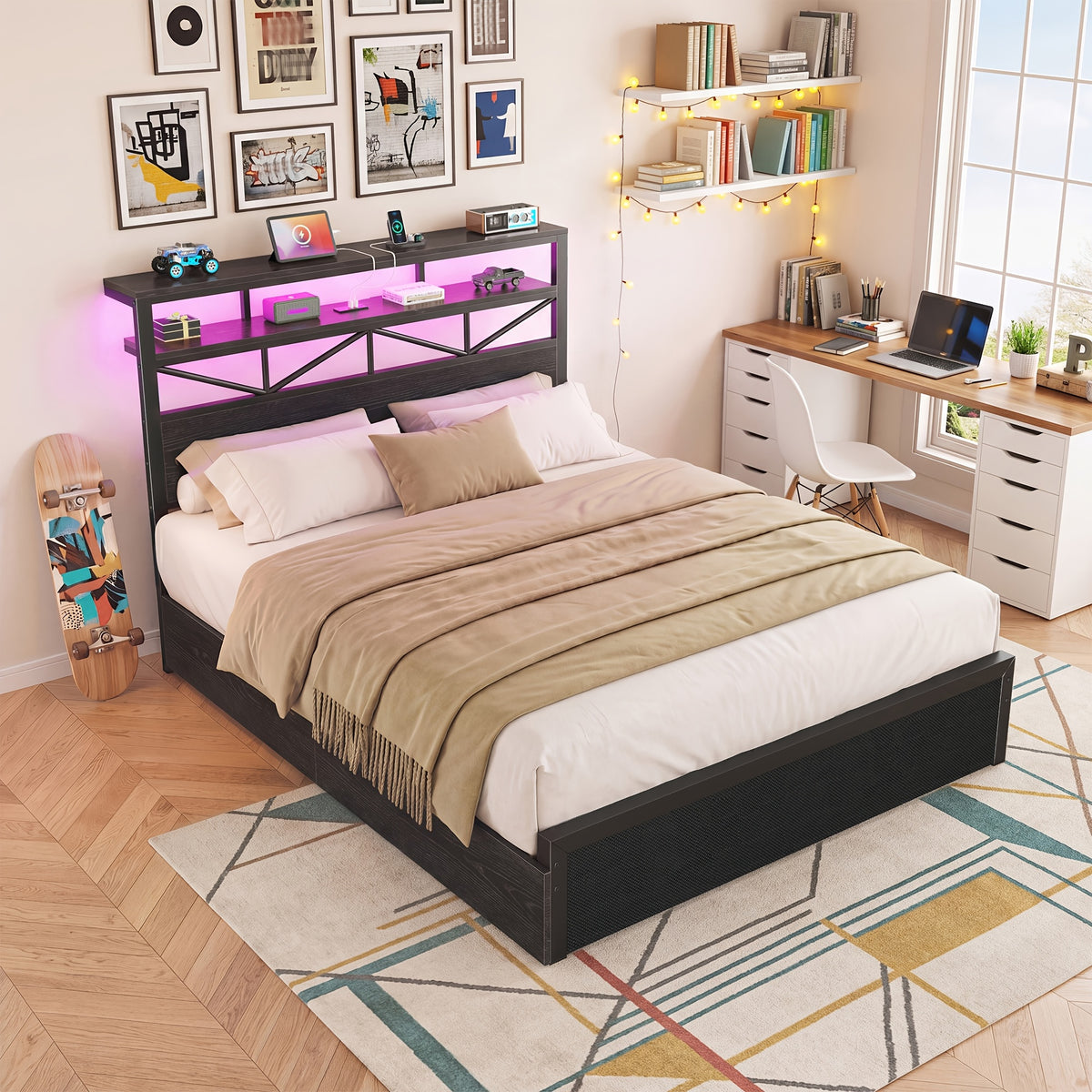 contemporary bed frame rgb led light convenient bedside 2u1c - Temu