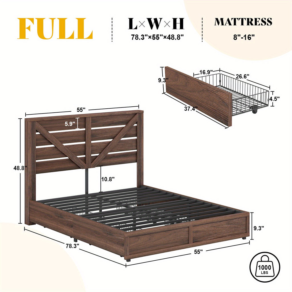 farmhouse bed frame 4 storage drawers rustic vintage mdf - Temu