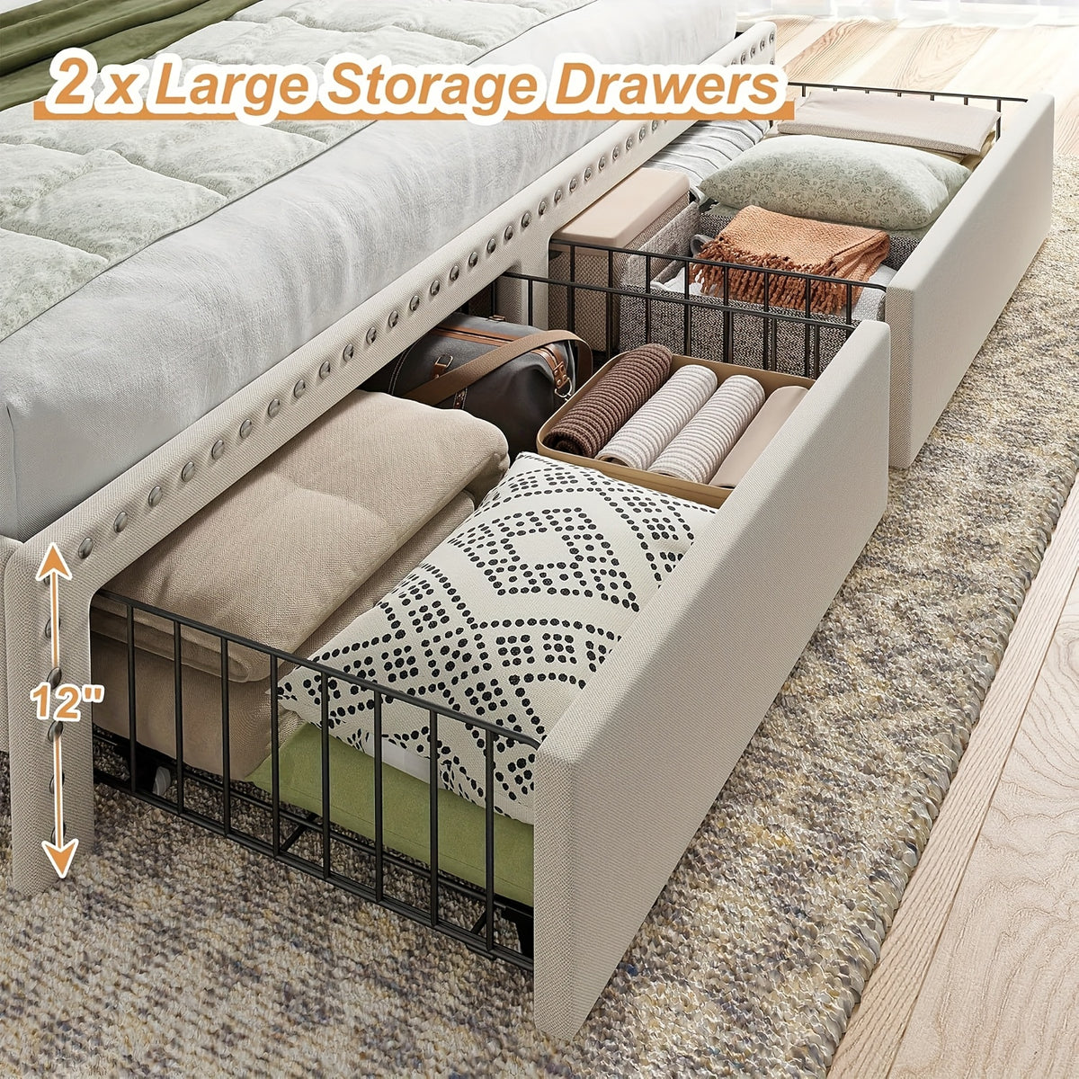 king size upholstered bed frame storage 2 tier headboard 2 - Temu