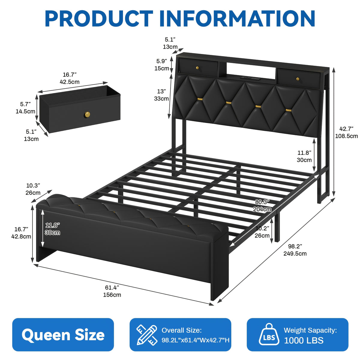 mraeer bed frame storage bench 2 drawers charging station no - Temu