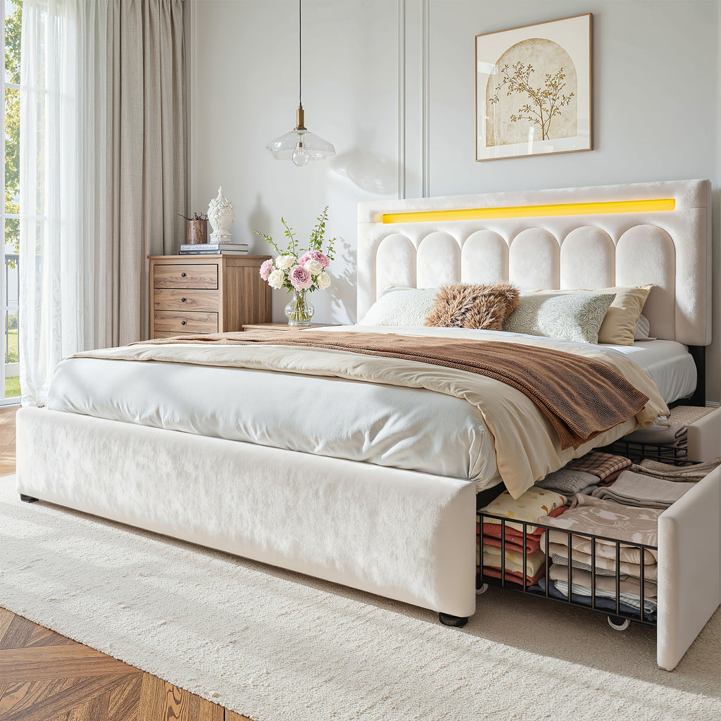 size velvet upholstered bed frame 4 storage drawers - Temu