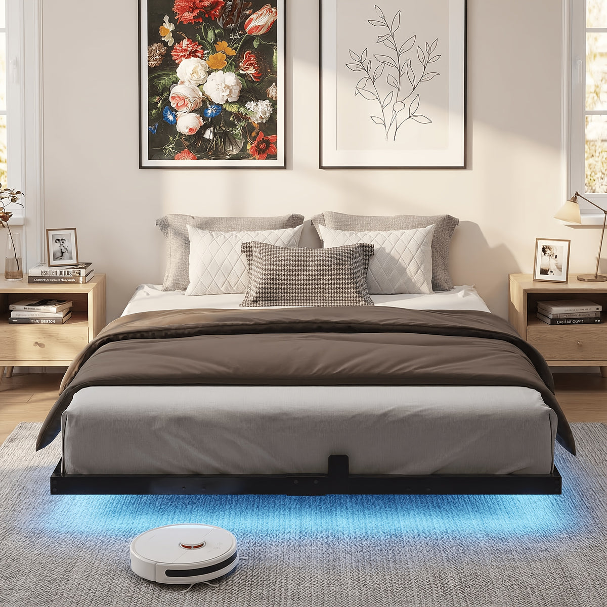 modern floating bed frame led lights full queen size heavy - Temu