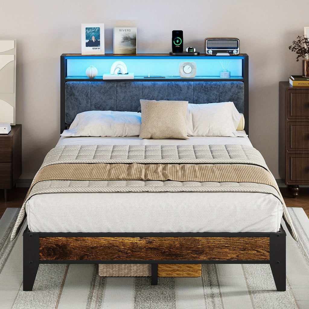 metal bed frame headboard storage shelves led lights type c - Temu