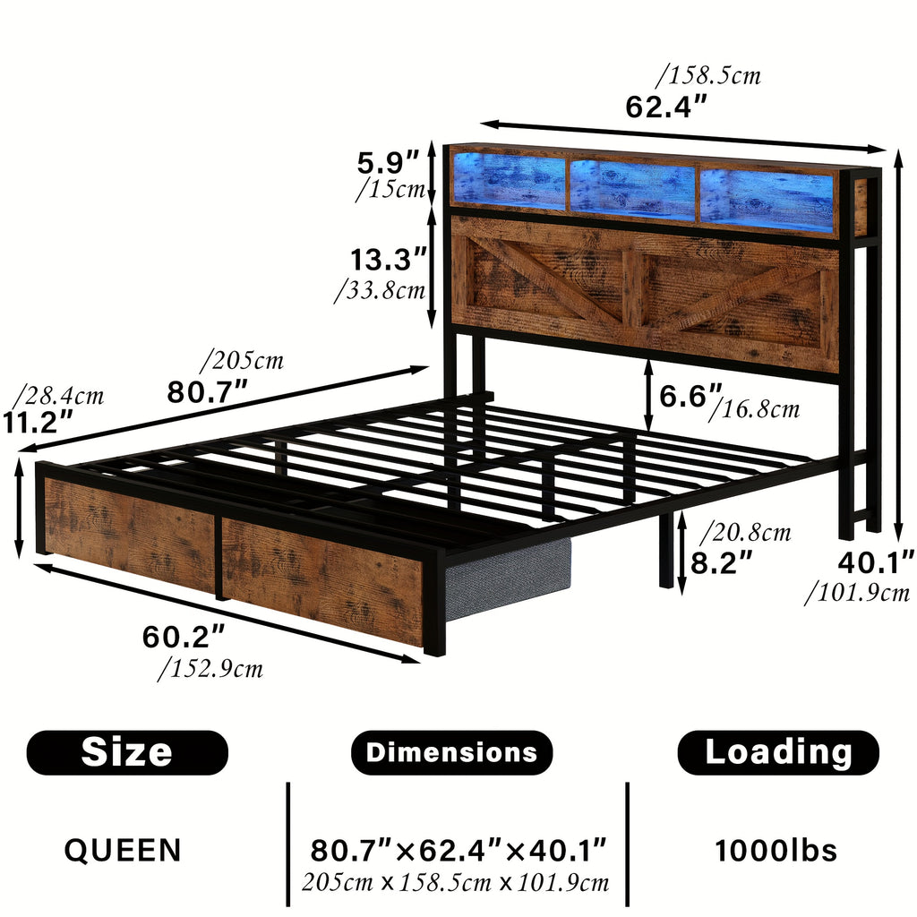 farmhouse bed frame bookcase headboard storage drawers no - Temu