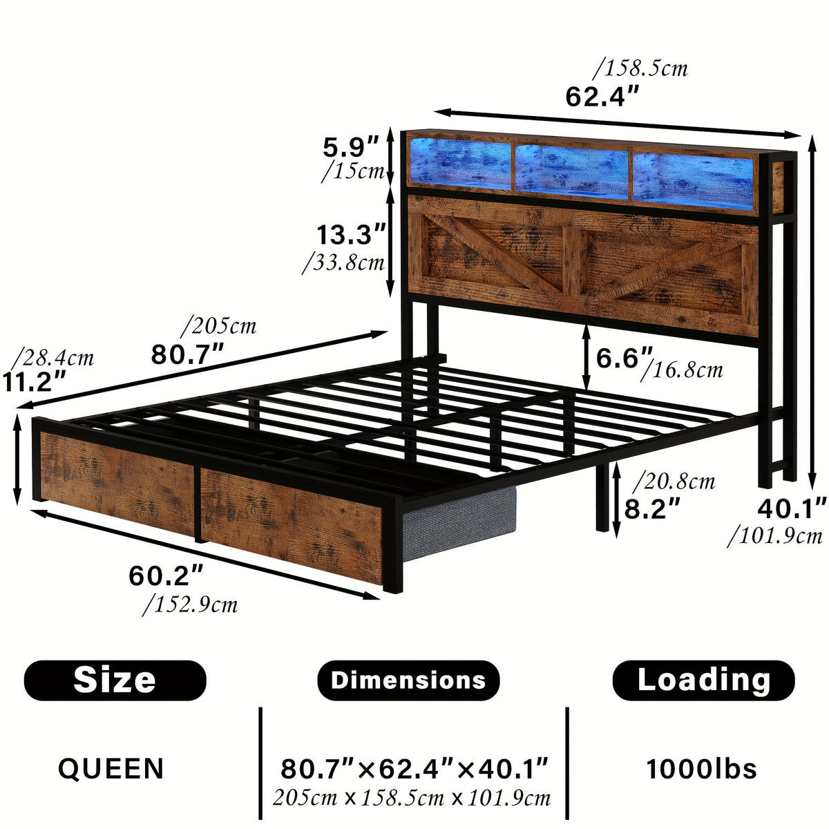 farmhouse bed frame bookcase headboard storage drawers no - Temu