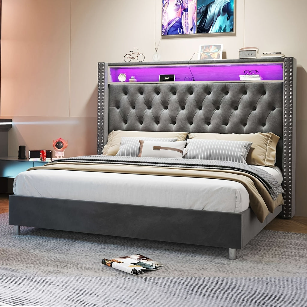 bed integrated led lights charging station velvet - Temu