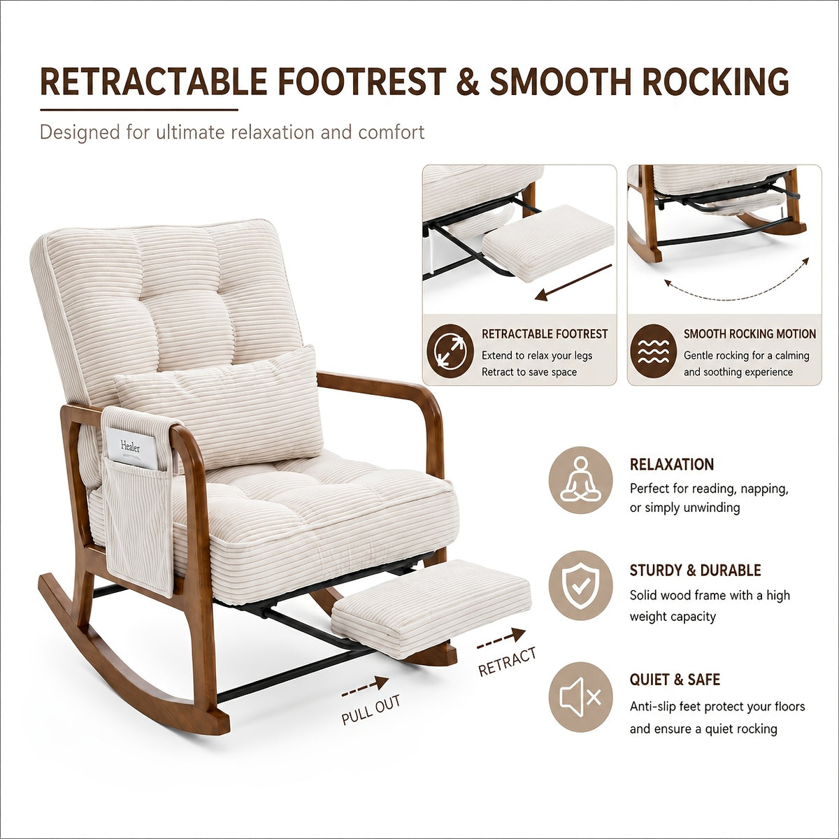 modern corduroy leisure rocking recliner side pocket - Temu