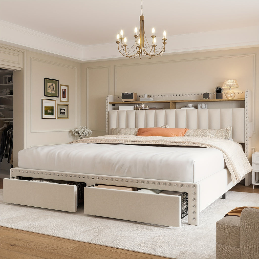king size upholstered bed frame storage 2 tier headboard 2 - Temu