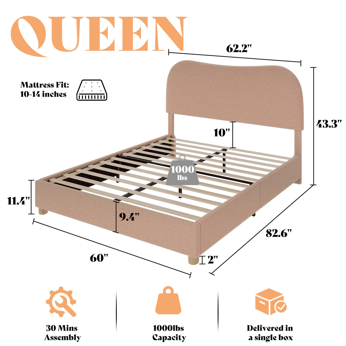 upholstered boucle bed frame adjustable headboard   - Temu