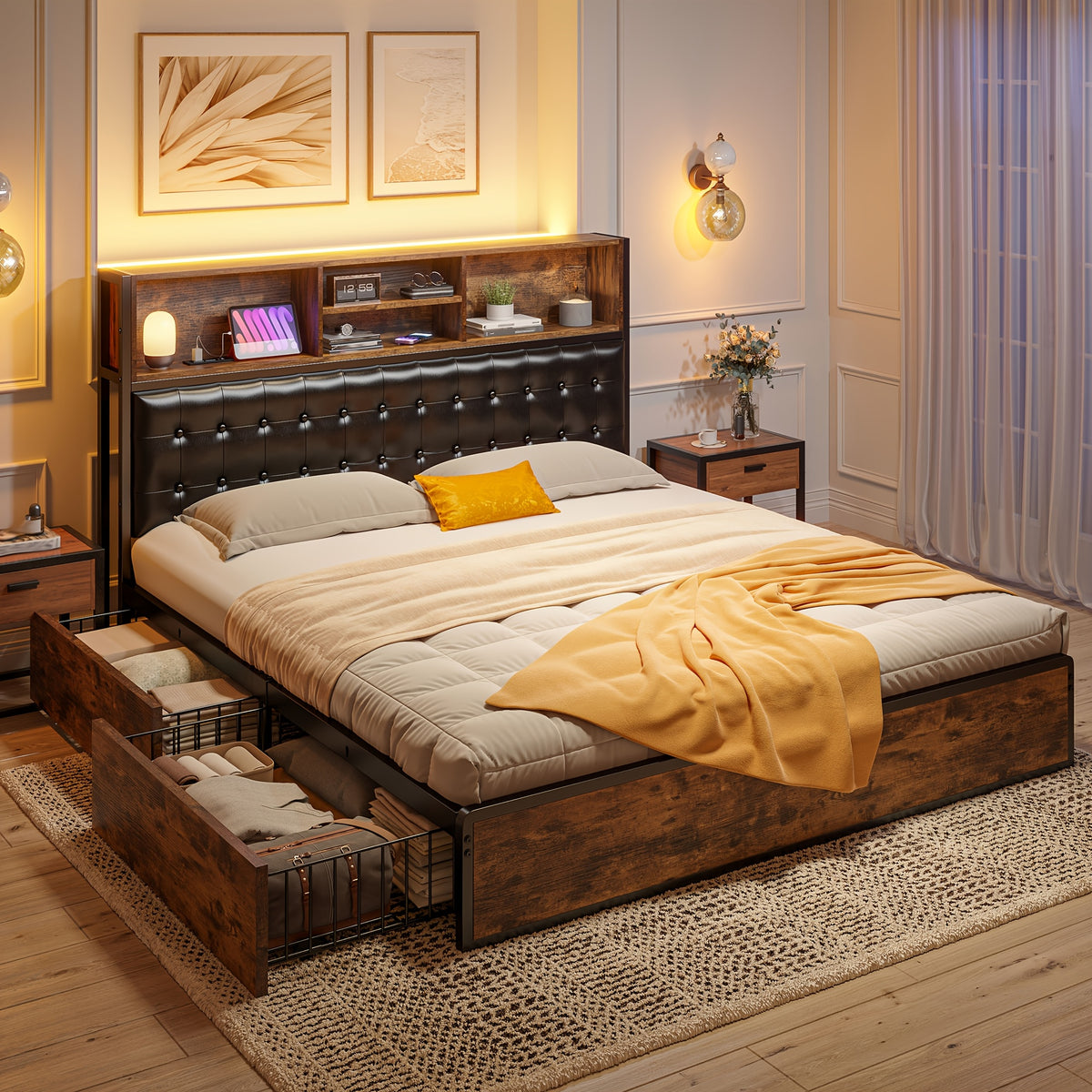 king queen full bed frame 4 storage drawers headboard - Temu