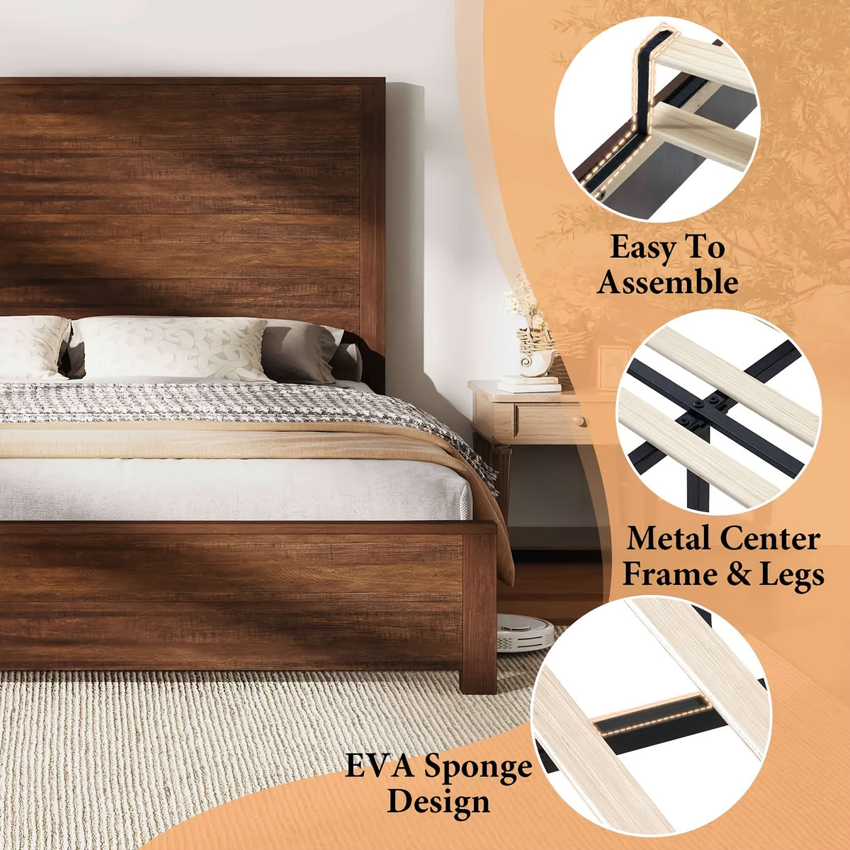 rustic solid wood platform bed frame spliced headboard noise - Temu