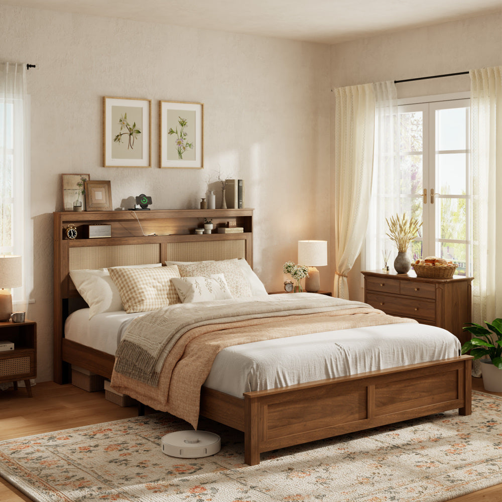 queen size bed frame rattan headboard built in led reading - Temu