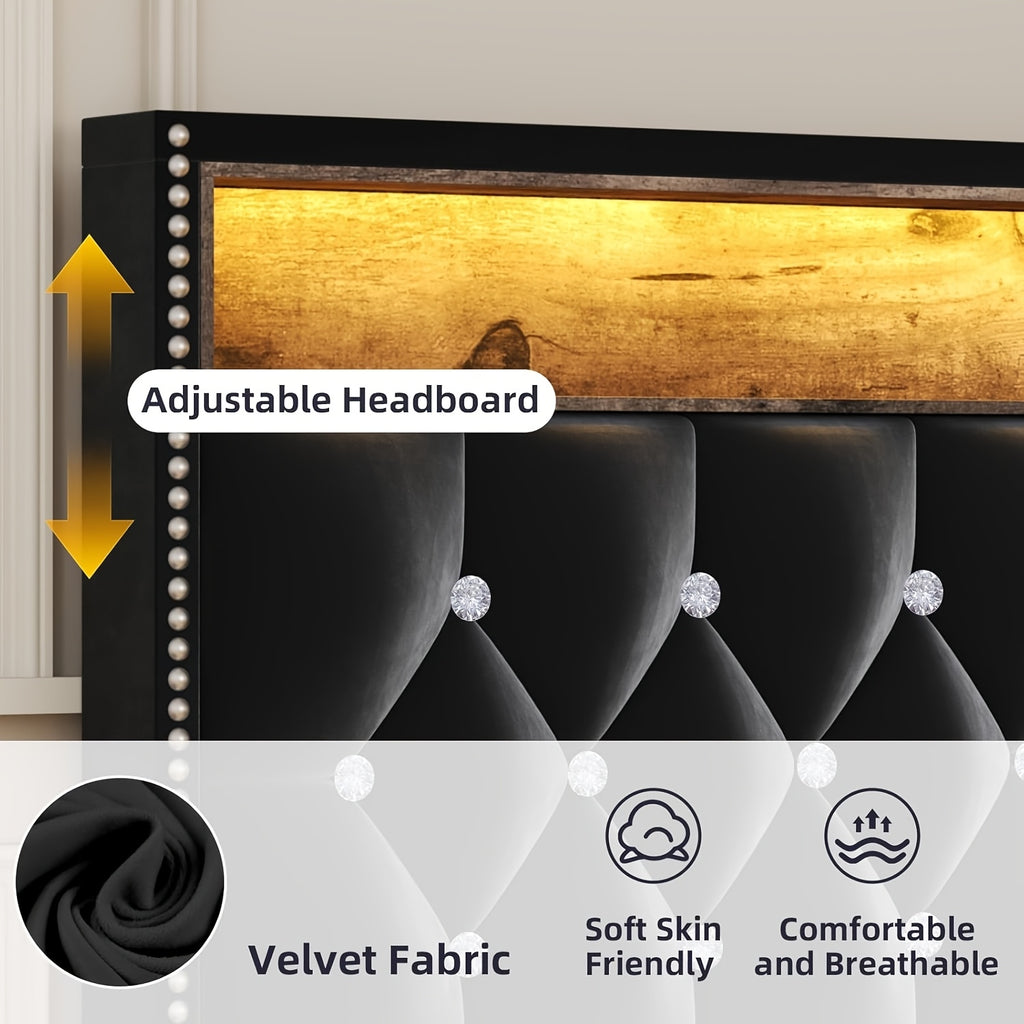 bed frame led lights velvet upholstered platform bed storage - Temu