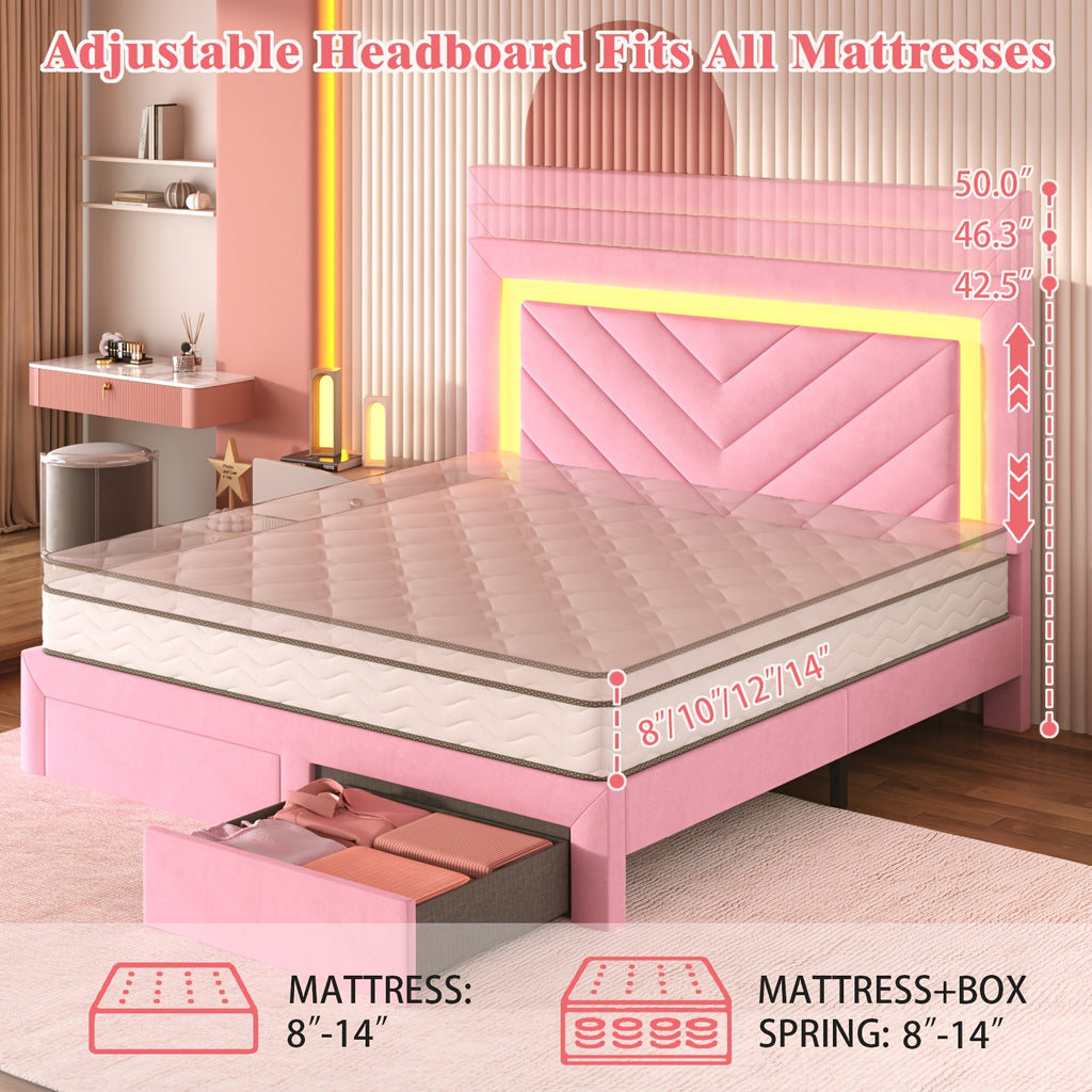 pink bed frame led headboard charging station 2 storage - Temu