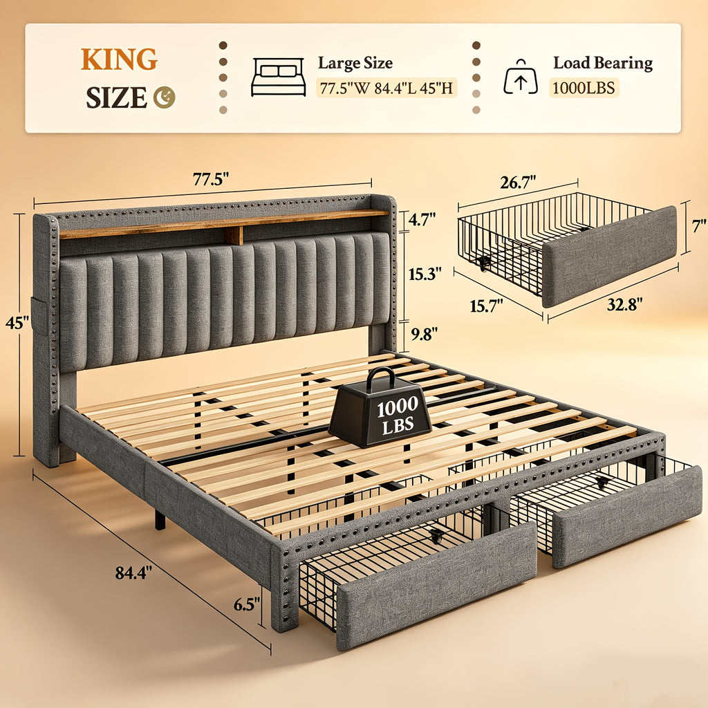 king size upholstered bed frame   2 underbed - Temu