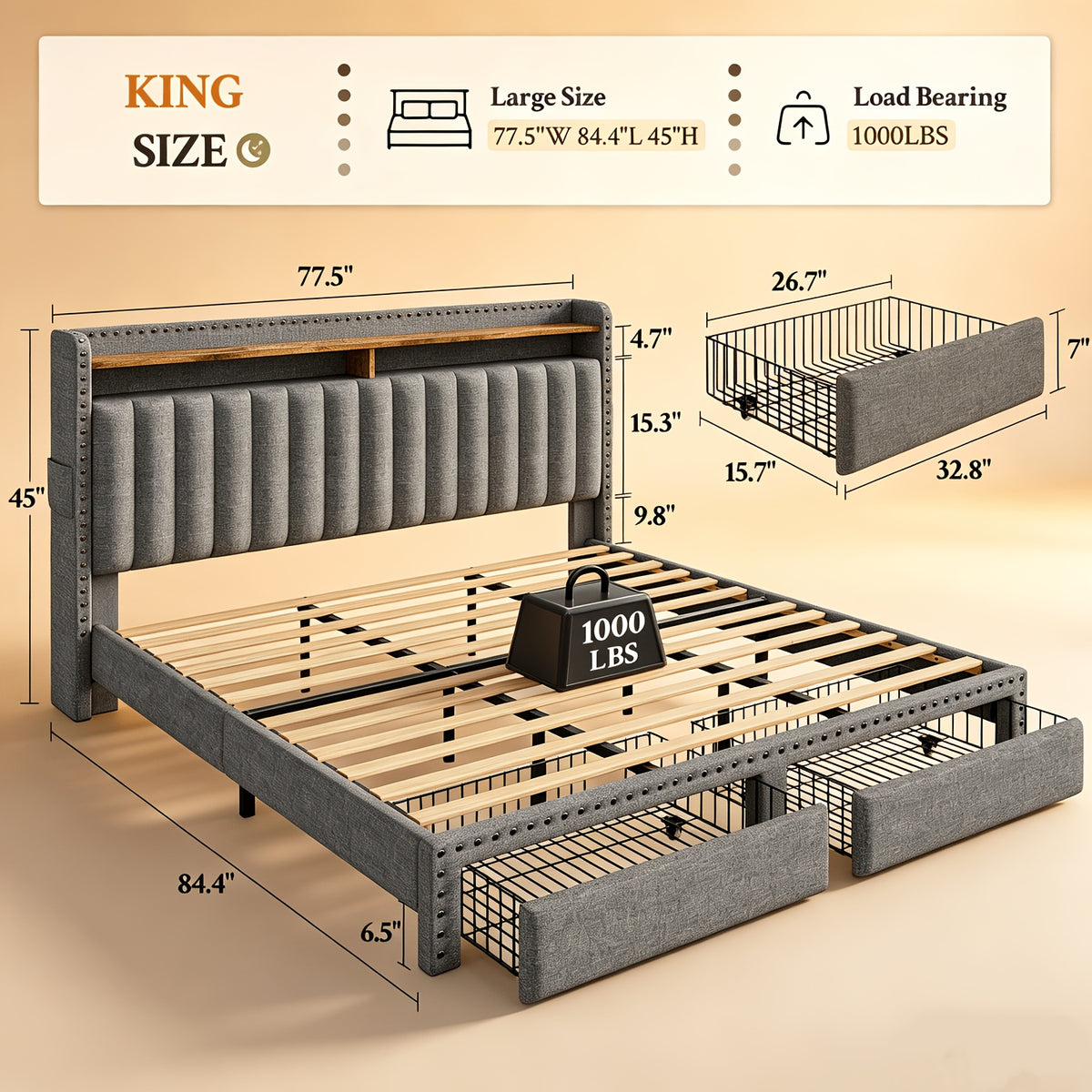 king size upholstered bed frame   2 underbed - Temu