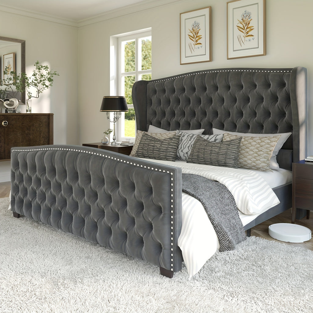handcrafted velvet bed frame featuring a wingback headboard - Temu