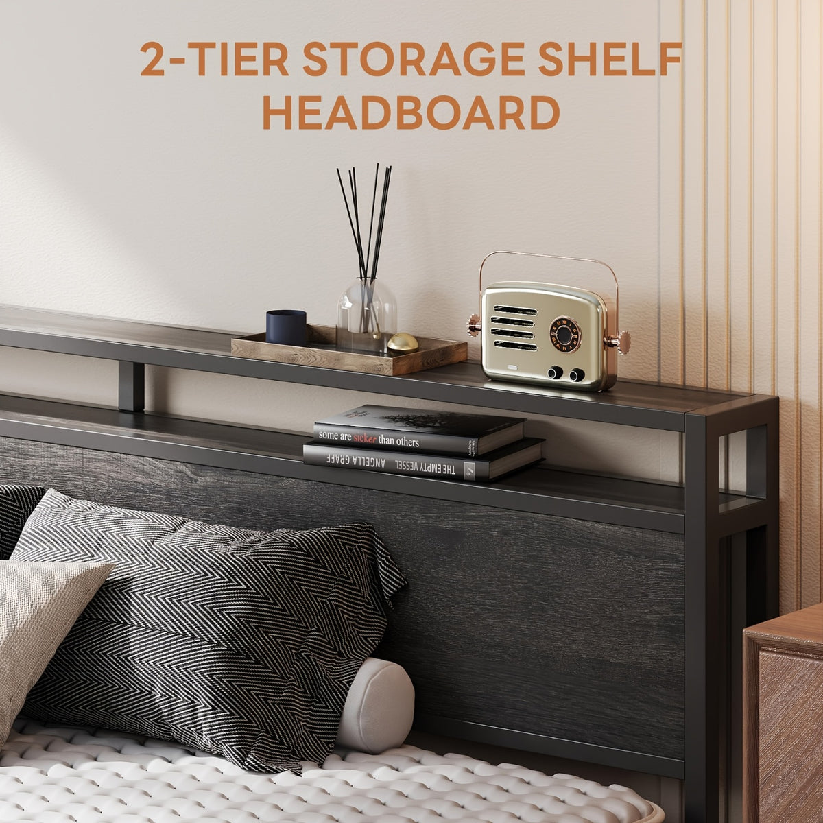 king size bed frame 2 tier storage shelf headboard - Temu