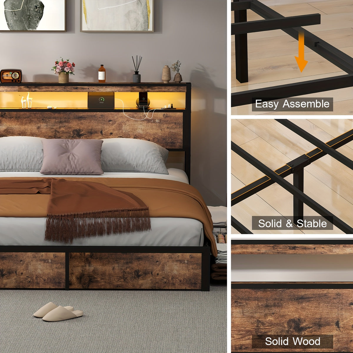 full queen king size bed frame 4 storage drawers headboard - Temu