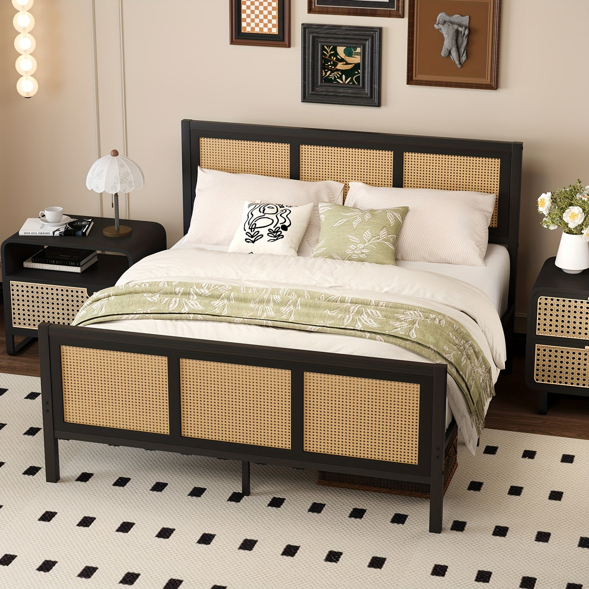 full queen king boho king bed frame headboard metal platform - Temu