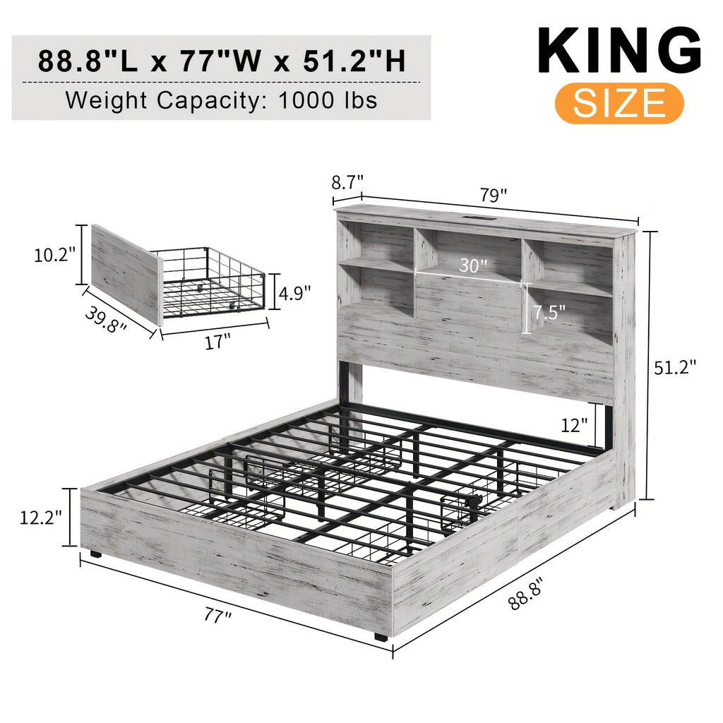 led bookcase headboard bed frame featuring a charging - Temu
