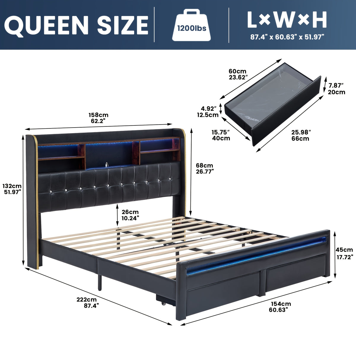 a queen sized bed frame featuring a headboard bookcase - Temu