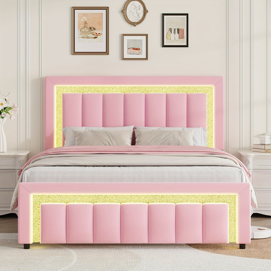 twin full bed frame led lights velvet upholstered headboard - Temu