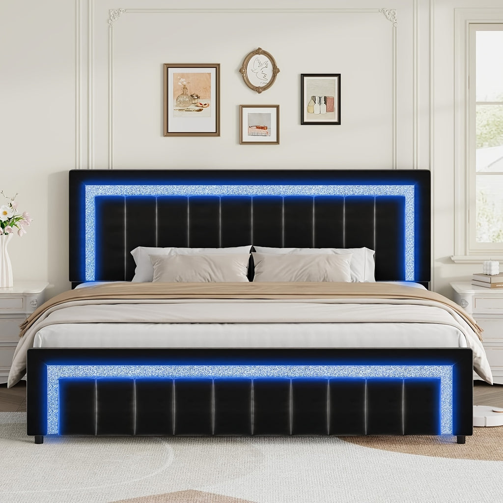 twin full bed frame led lights velvet upholstered headboard - Temu